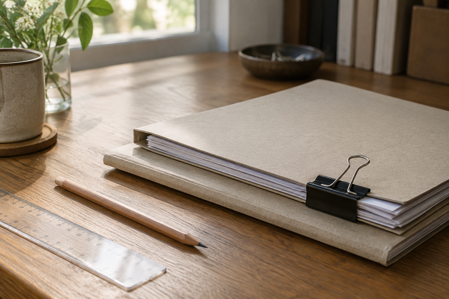 Fehlerkultur im Team verbessern: Fehler gemeinsam auswerten Zwei Dokumentenmappen mit Papierklammer, Bleistift und Lineal auf einem Holztisch.