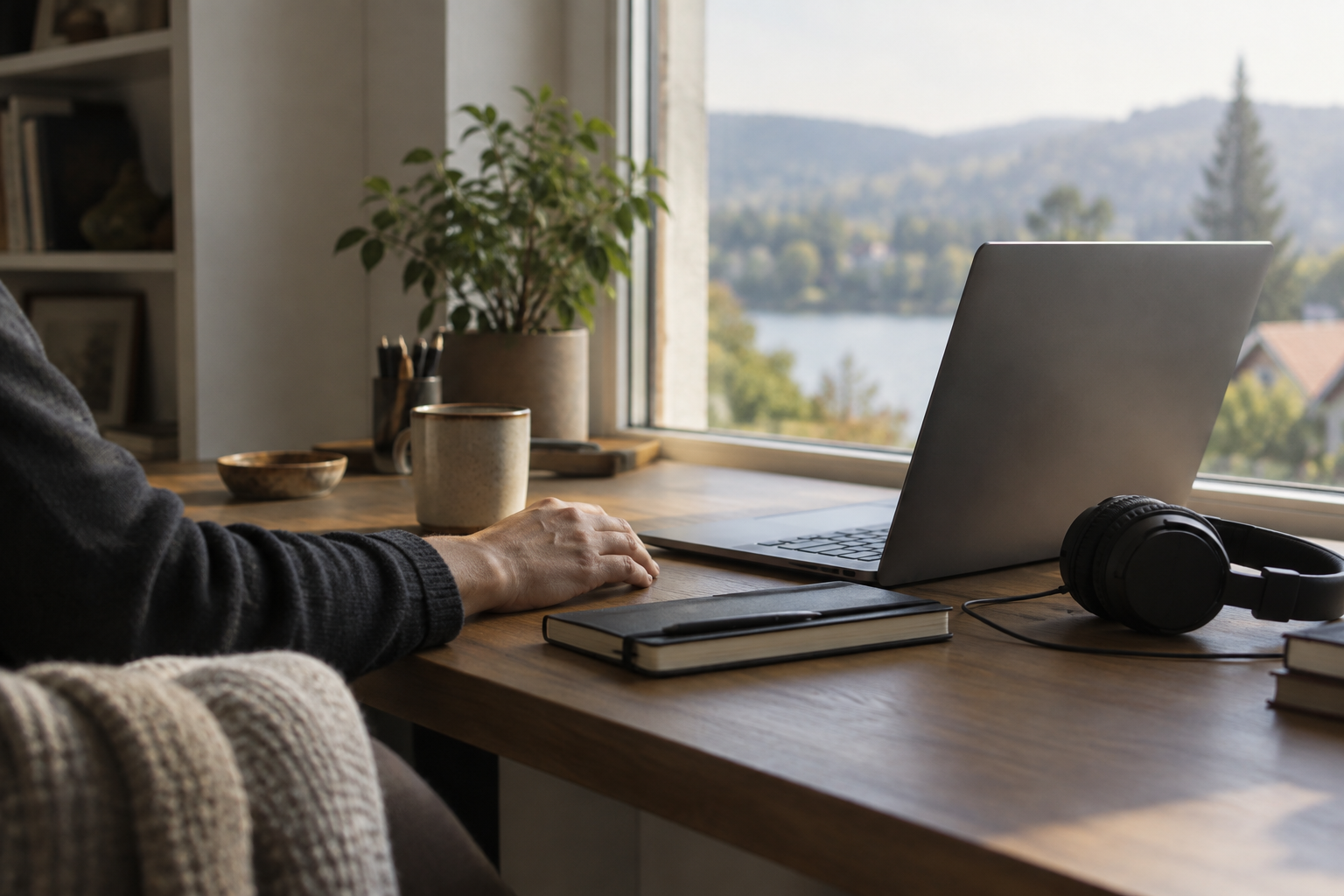 Führung auf Distanz: Klare Absprachen statt Dauerabstimmung Arbeitsplatz am Fenster mit Laptop, Kopfhörern und Notizbuch.