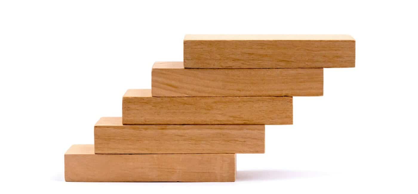 Fünf Holzklötze sind wie aufsteigende Stufen übereinandergeschichtet.