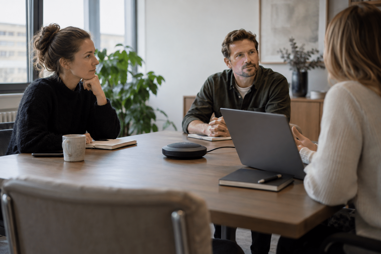 Besprechung mit Laptop und Konferenzlautsprecher auf dem Tisch.